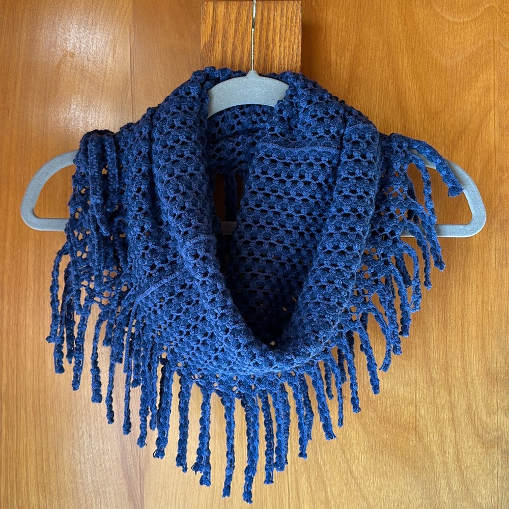 Pretty denim blue knit fringe infinity scarf